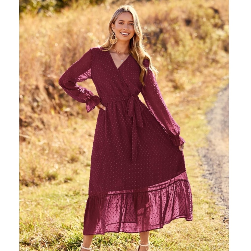 NWT, BTFBM V-Neck Maxi Dress with a Sheer Swiss Dot Overlay and Tie, Size Medium